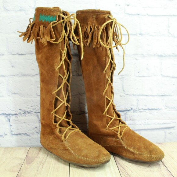 *Minnetonka Suede Knee High Lace Up Moccasins Festival Fringe Size 11 Inches - Picture 3 of 9
